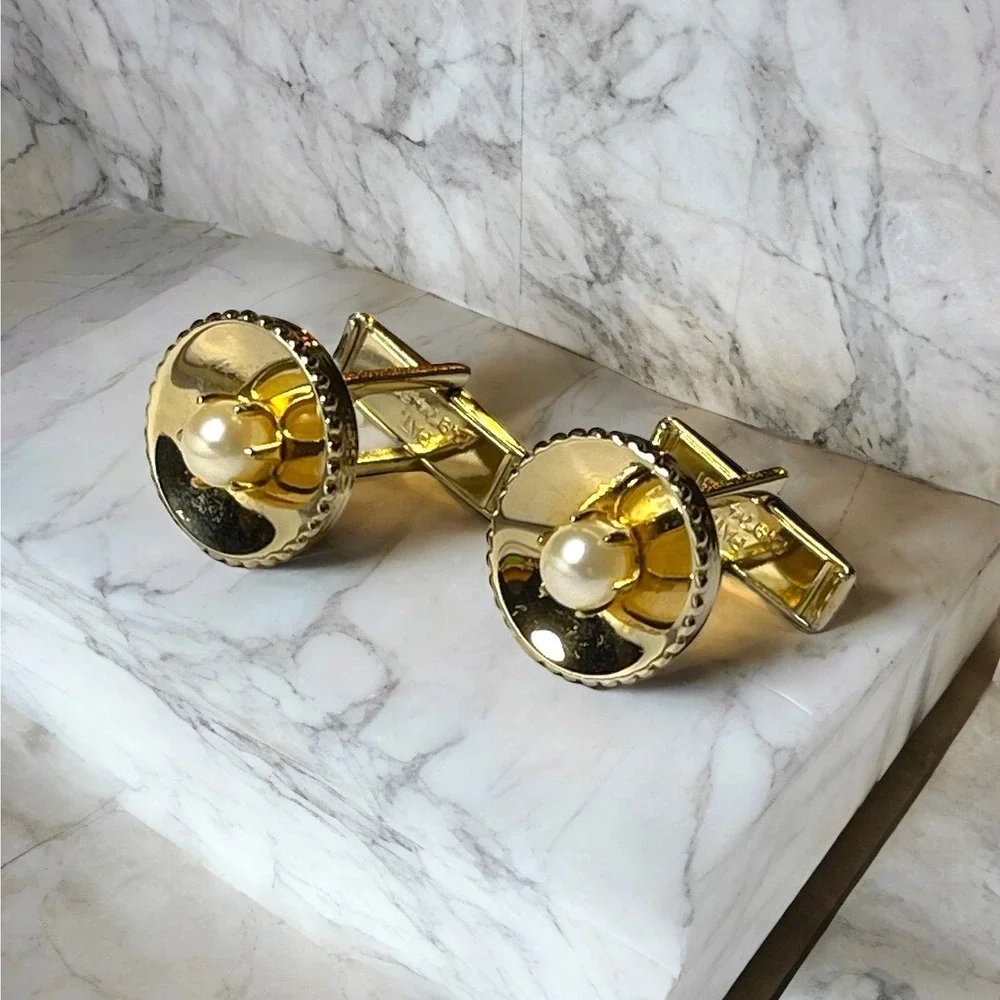 Vintage Gold Tone Imitation Pearl Cufflinks Prong Set Bead Edge Locking